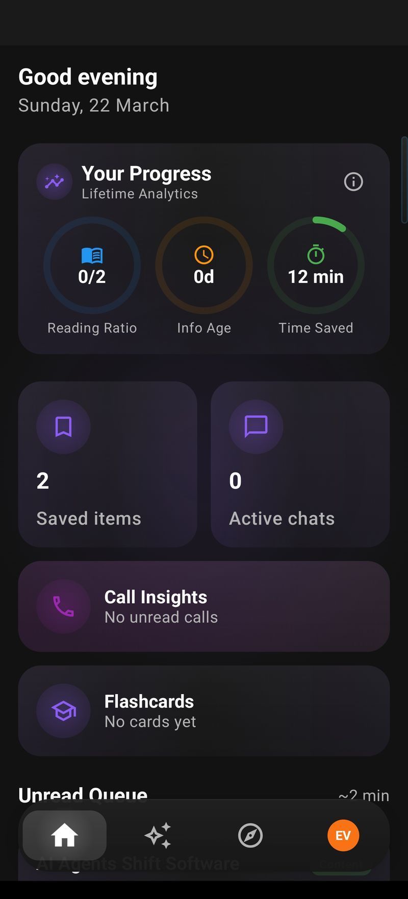 Arc home screen dashboard