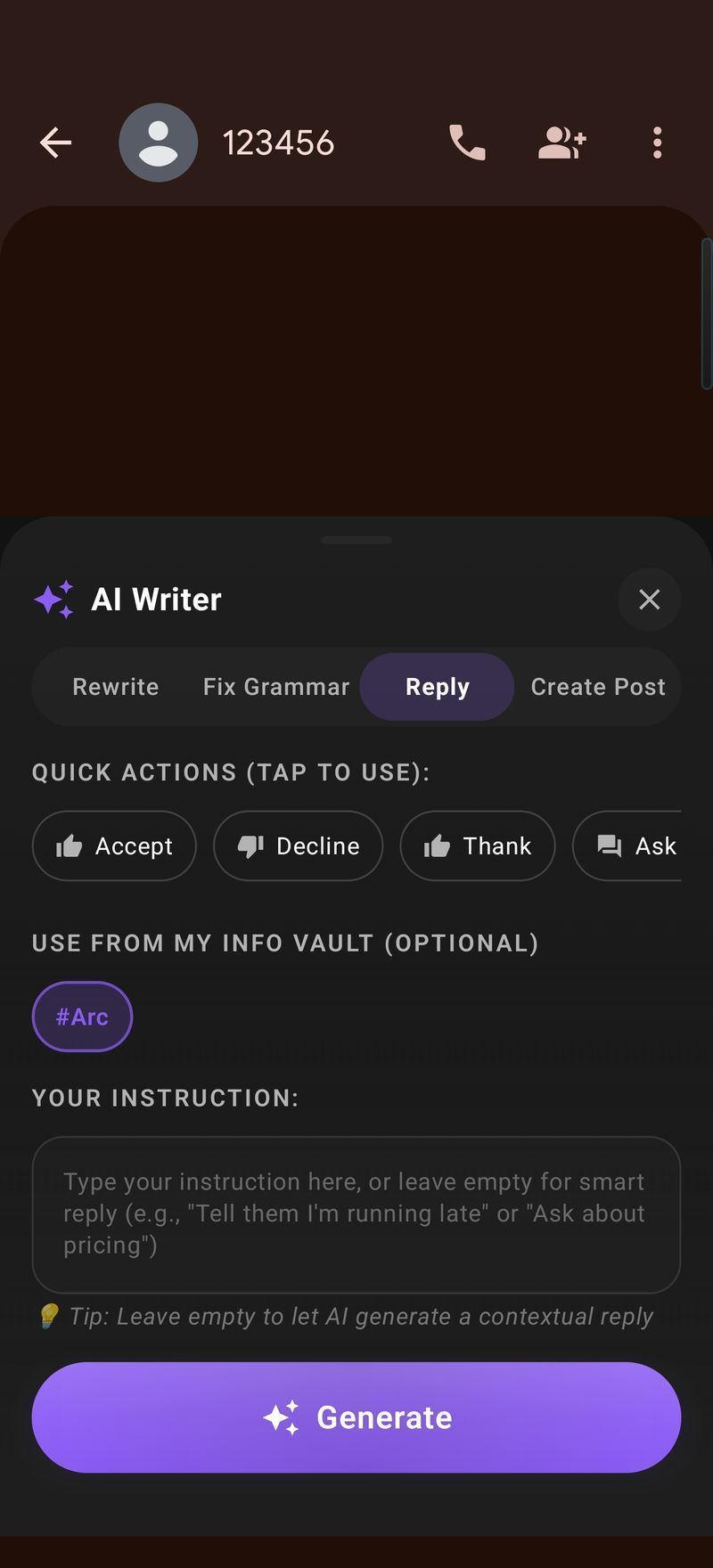 Arc AI Writer reply mode on Android with five reply intentions