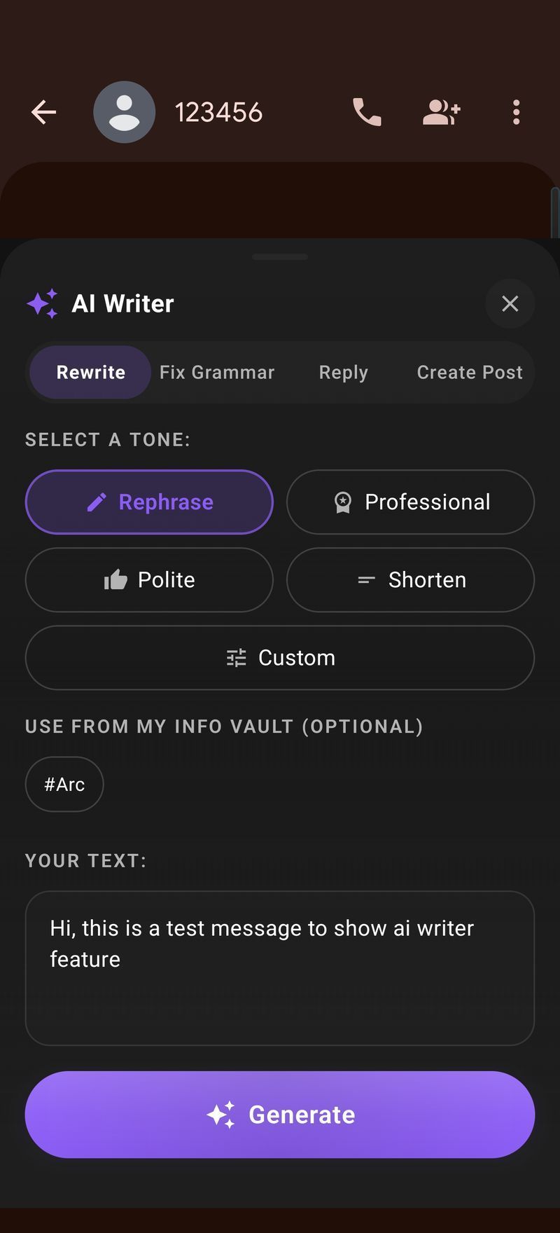 AI Writer Android app in rewrite mode with tone options