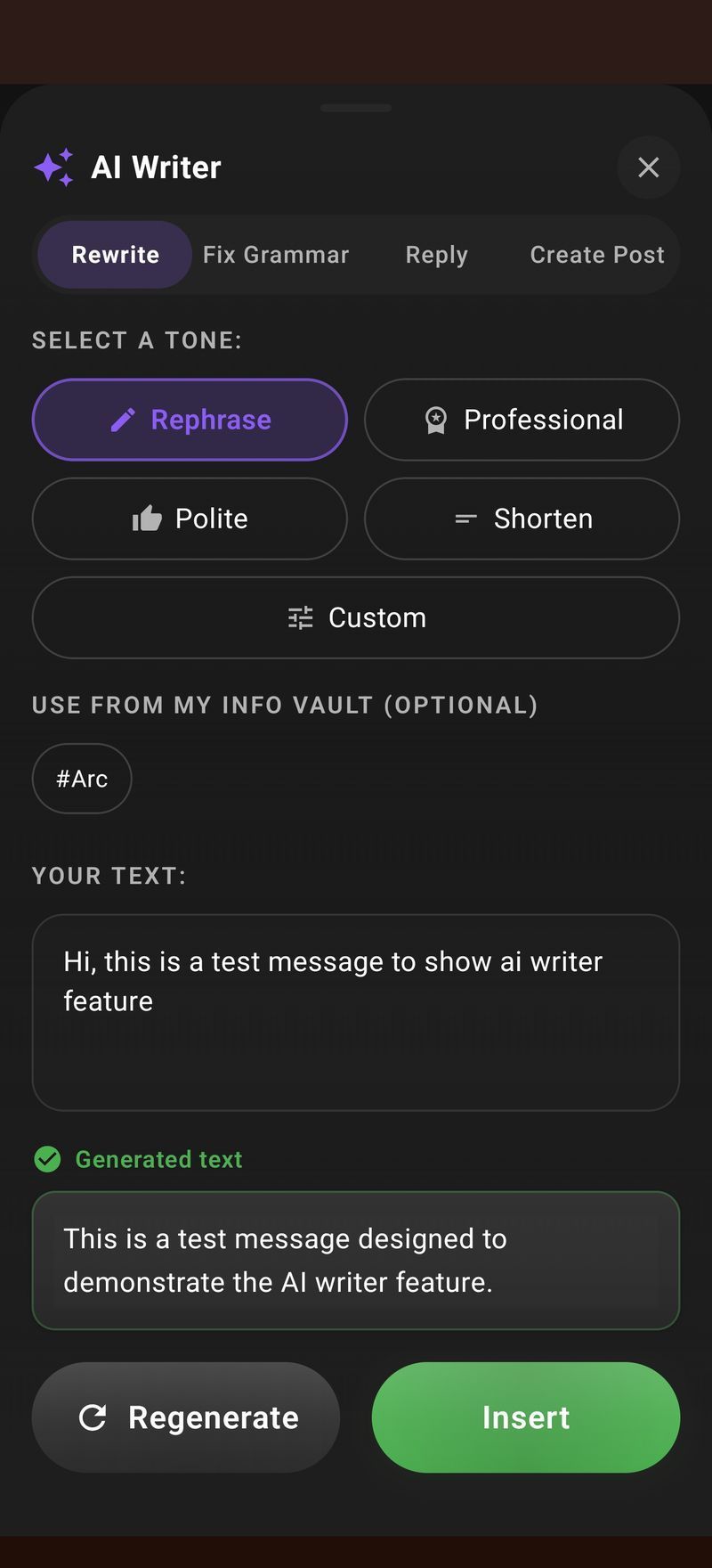 Arc AI writer rewrite result on an Android screen