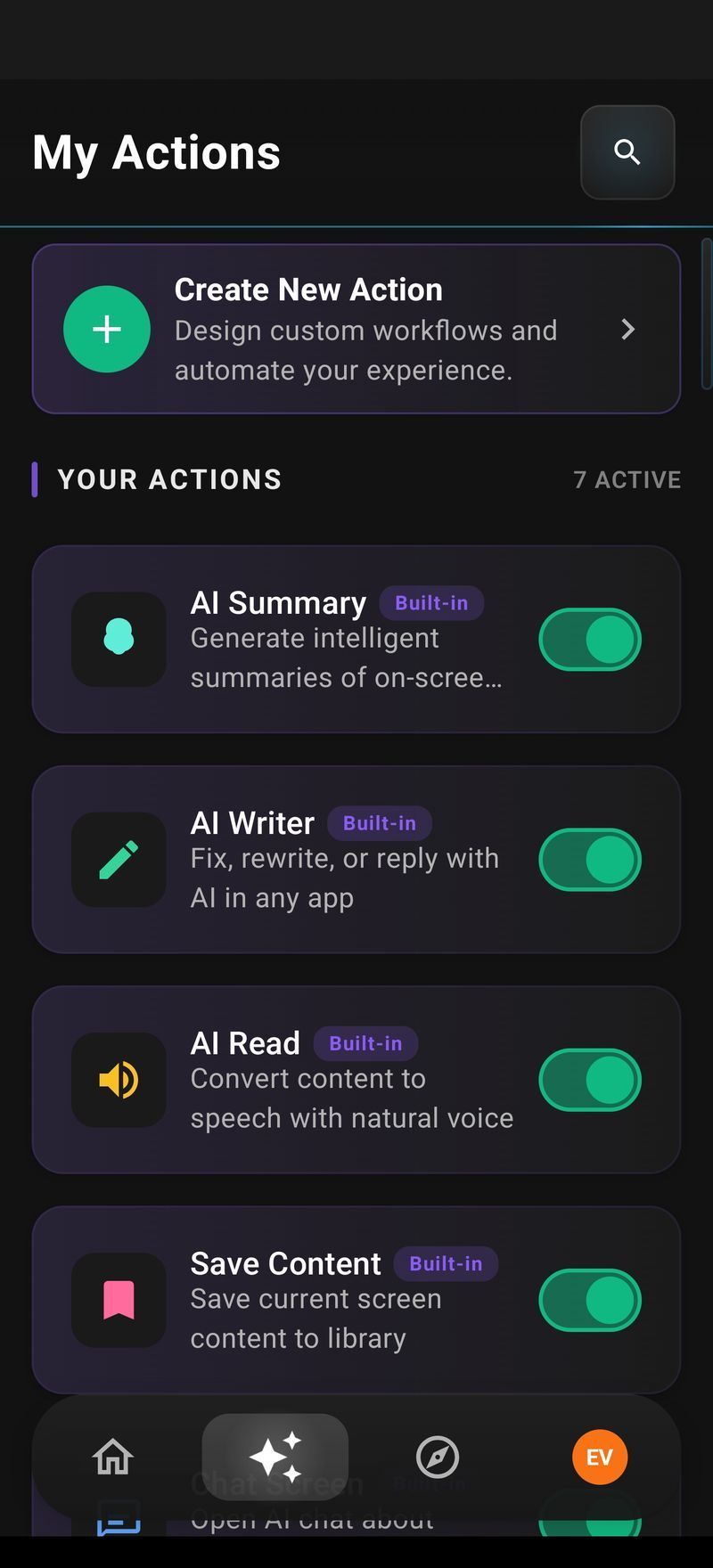 Custom AI actions list