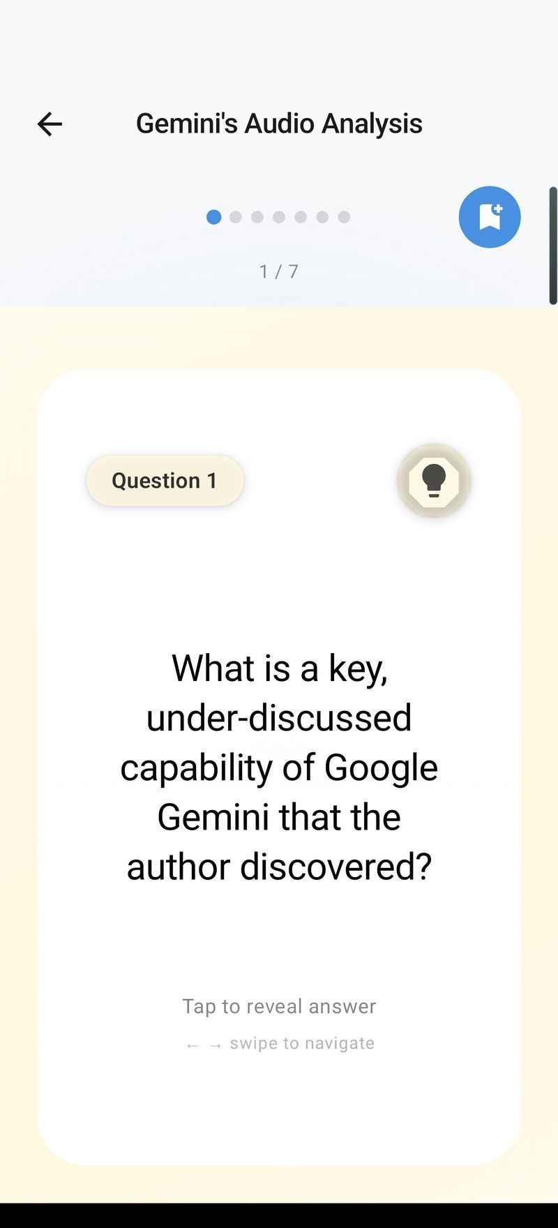 Arc flashcard viewer showing a generated study question