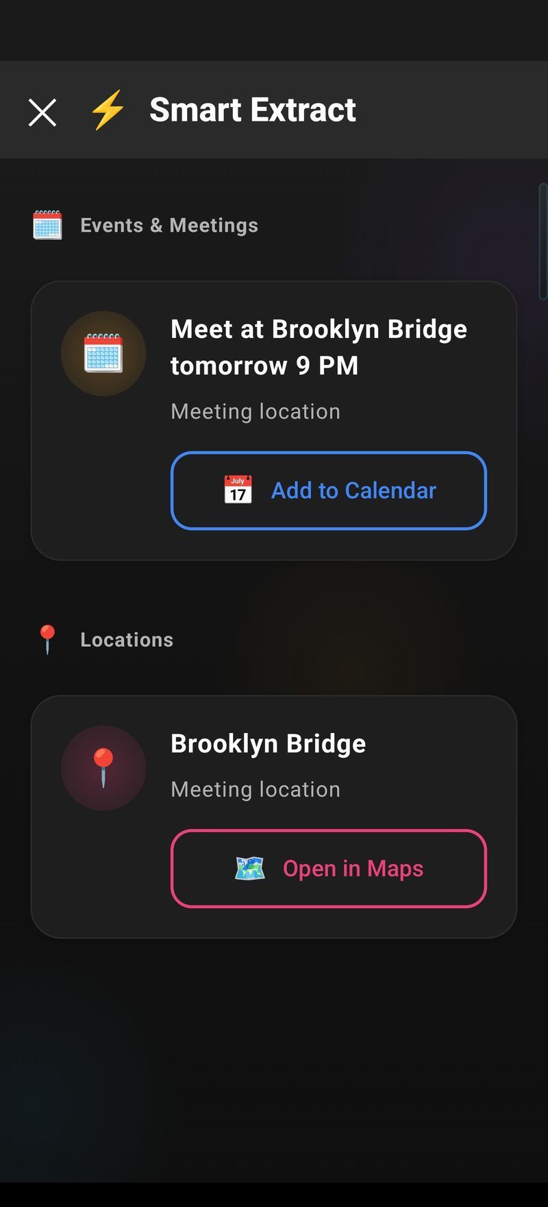 Smart Extract results on Android showing extracted items with one-tap actions