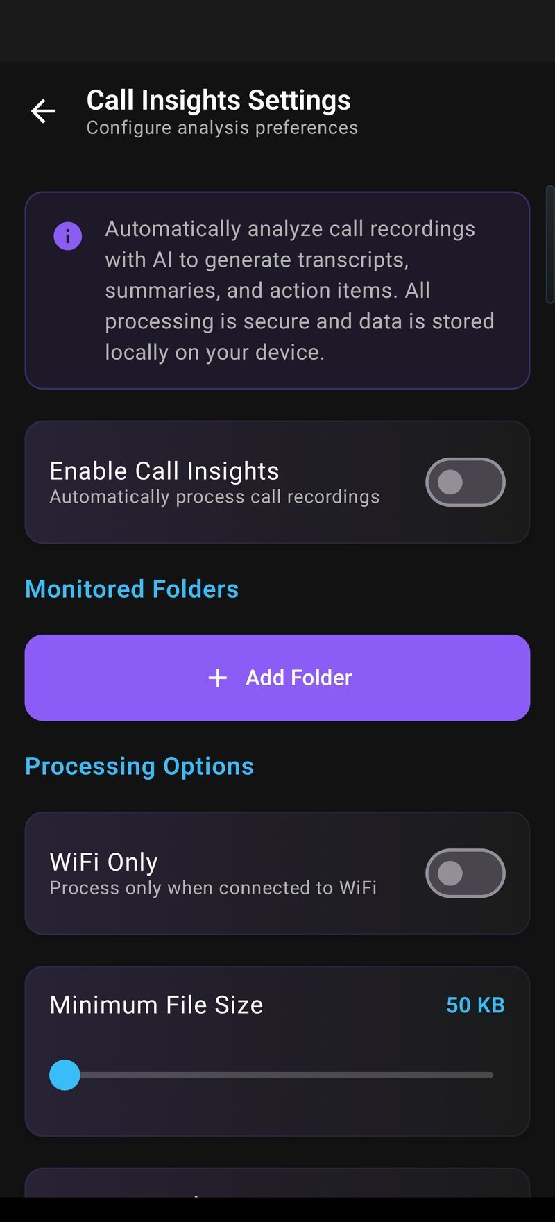 Arc Call Insights settings on Android showing transcription modes