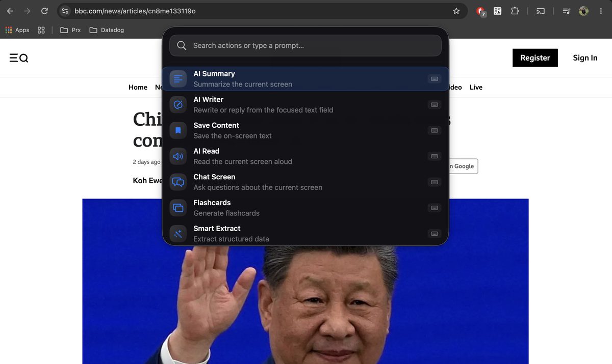 Arc menu invoked over a Chrome window showing the built-in action list