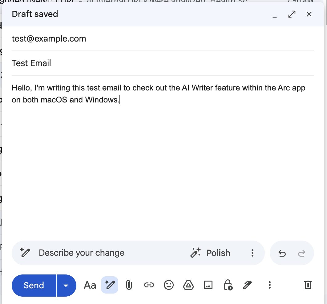 Gmail compose window with the AI-polished reply inserted
