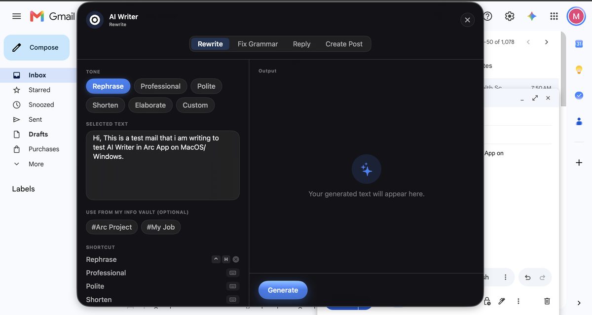 AI Writer panel over Gmail with the draft auto-captured and rewrite mode selected