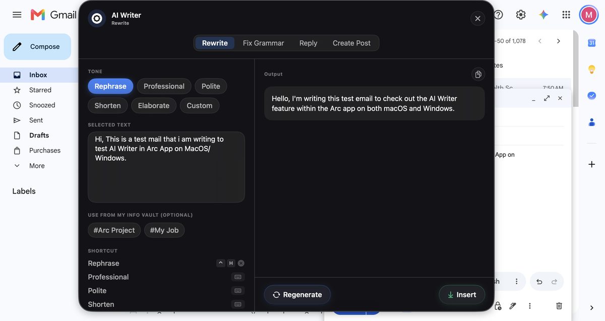 Arc AI Writer showing the rewritten, polished email draft
