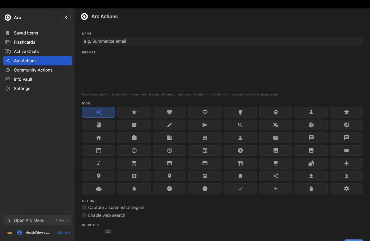 Custom Arc Action being created in the Arc overlay assistant for Mac