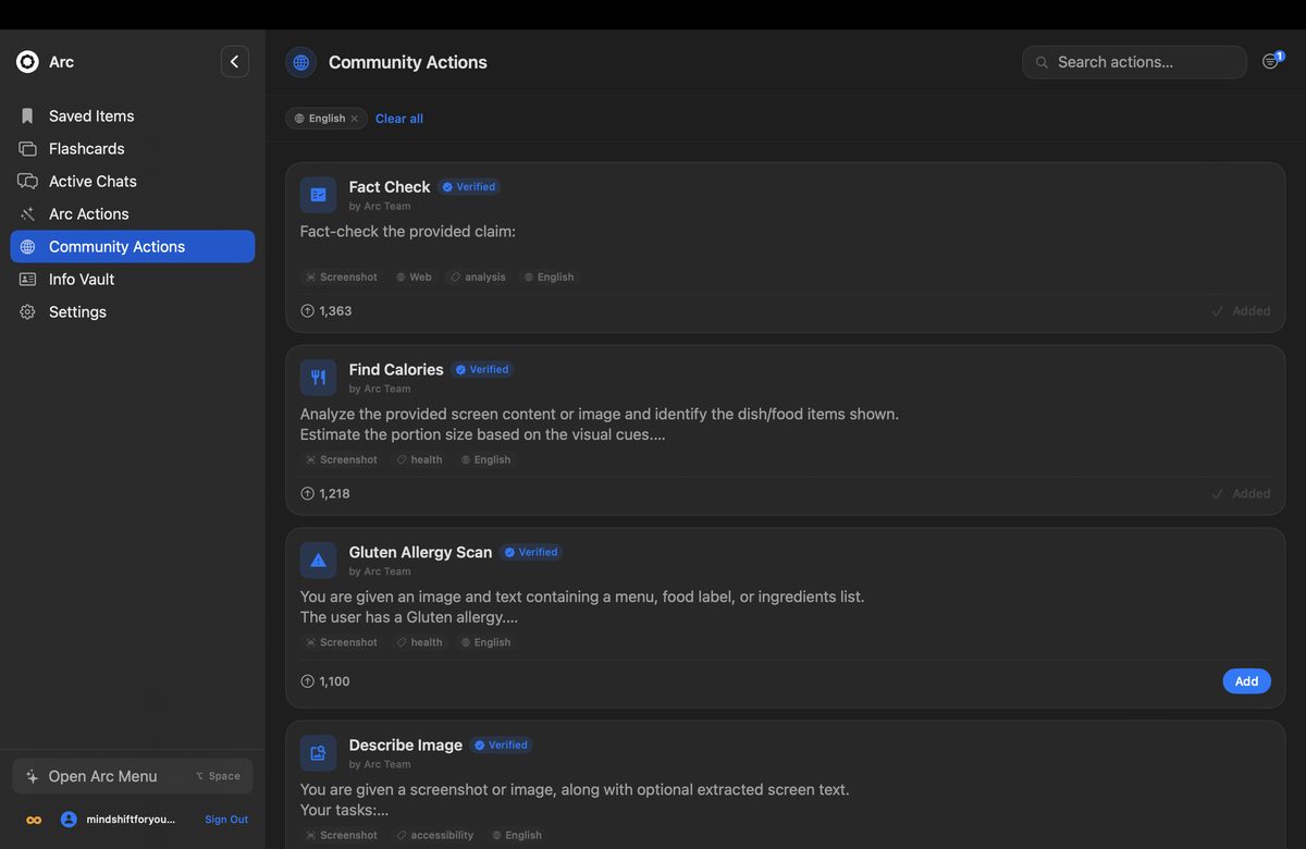 Community Actions browser in Arc for Mac, filtered by language