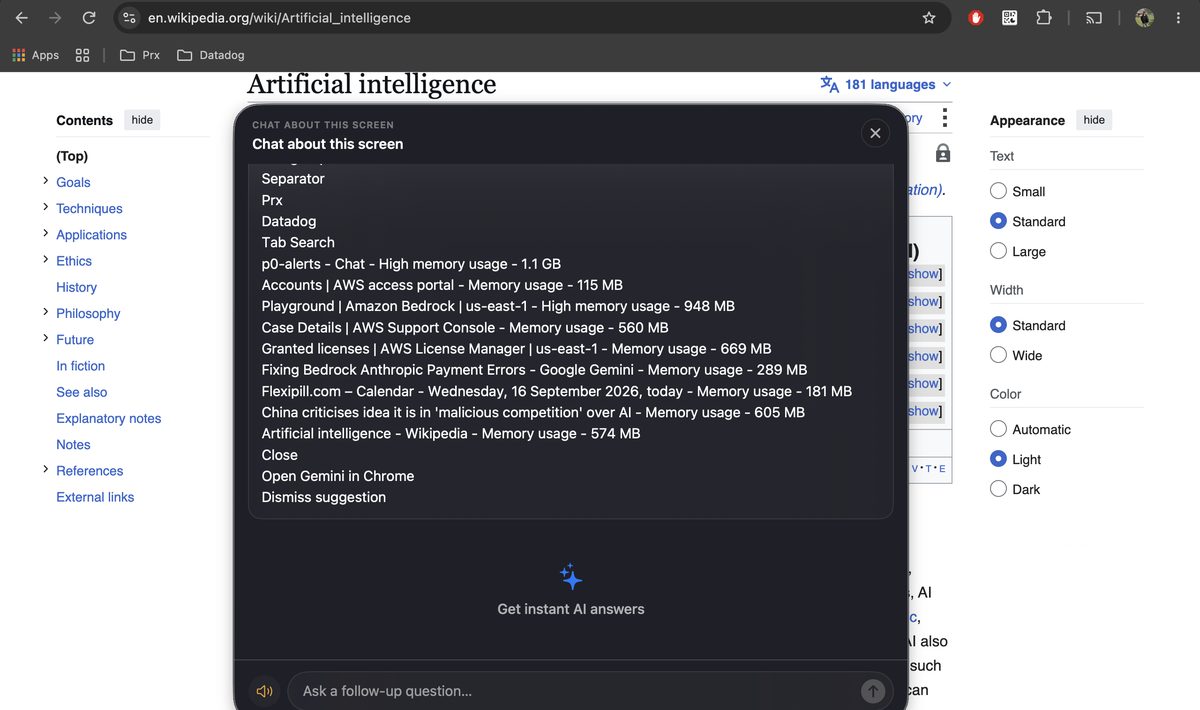 Chat-about-screen panel from the Arc overlay assistant, answering a question about the window underneath