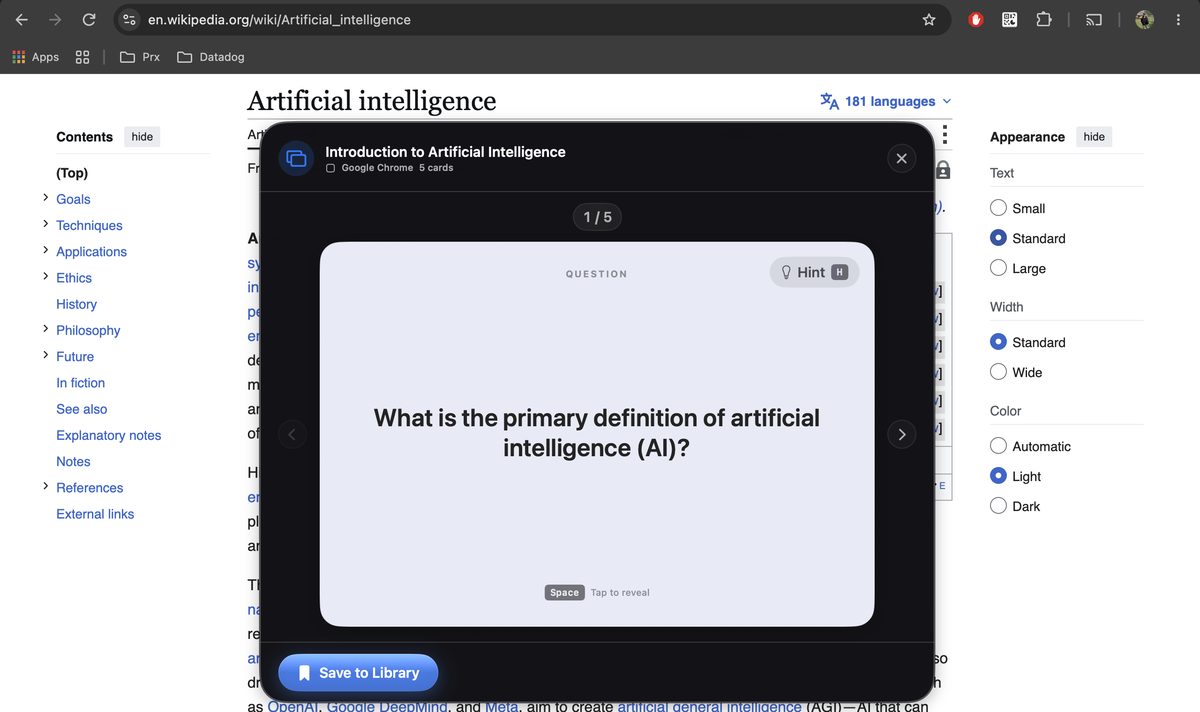 Arc flashcard viewer on macOS showing a question face, card counter, and Space to reveal