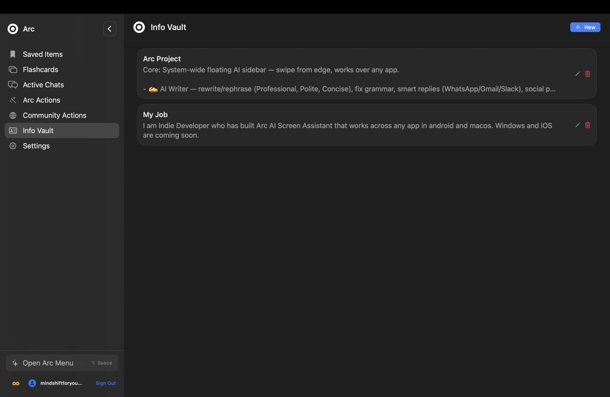 Arc Info Vault with saved personal context entries