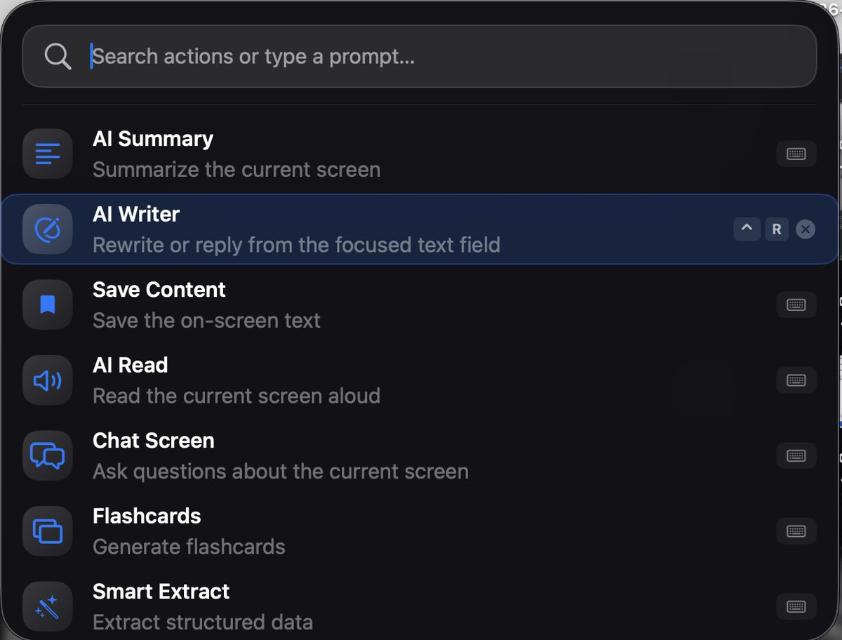 Custom keyboard shortcut assigned to an Arc action on macOS