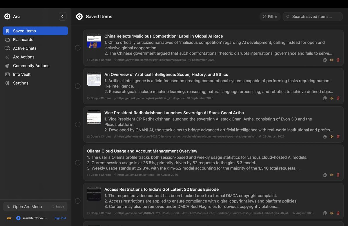 Arc saved items library on Mac listing previously read and saved text items