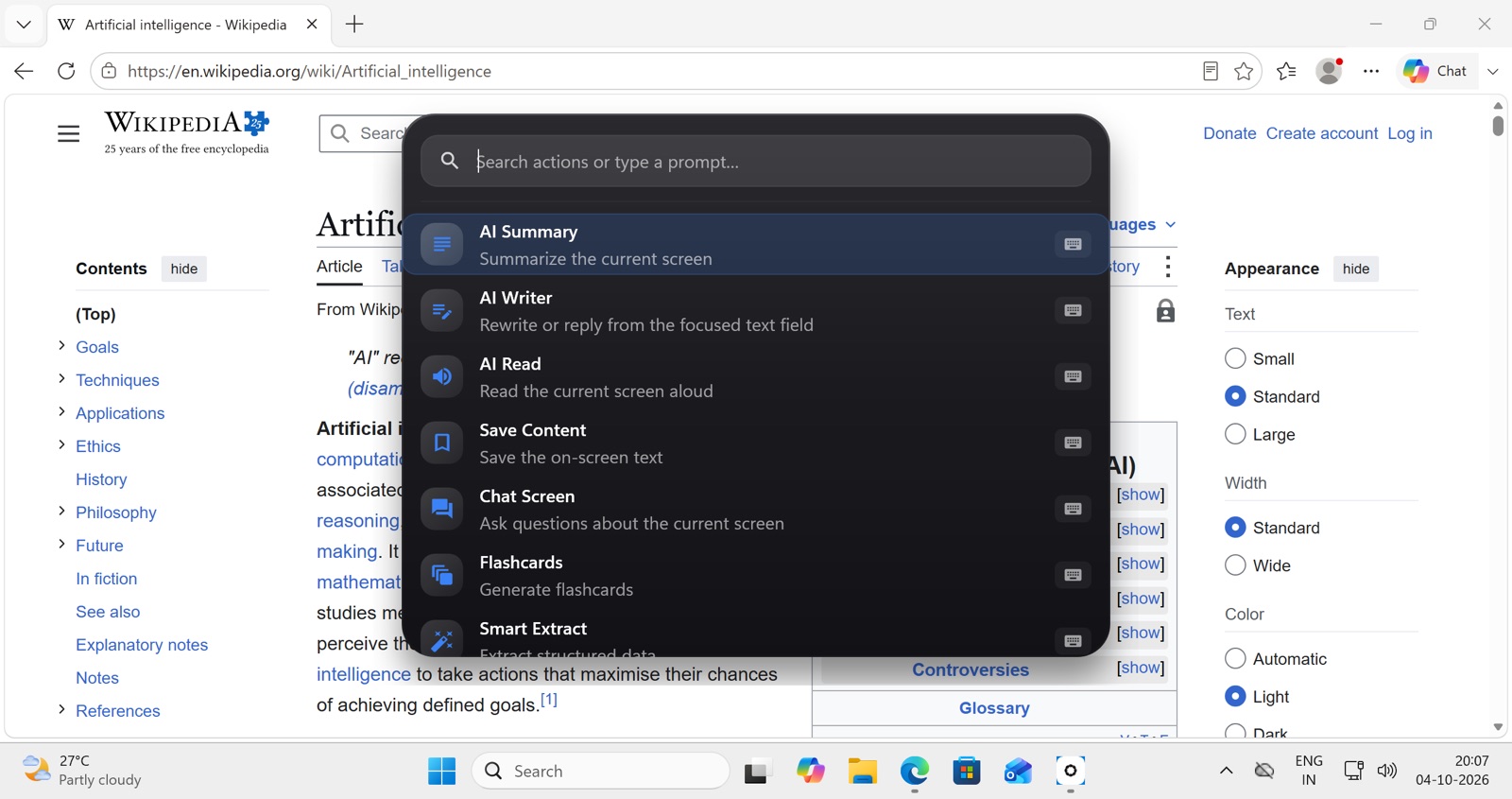 The Arc menu open over Microsoft Edge on Windows 11, listing AI actions