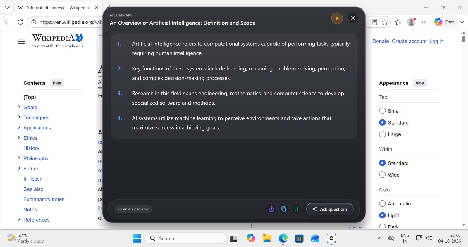 An Arc summary on Windows with numbered key points from a Wikipedia article in Edge