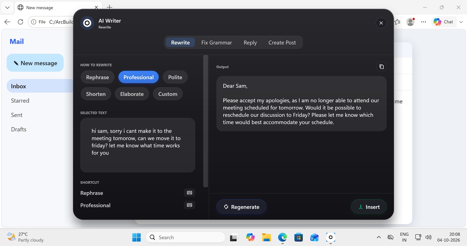 Arc AI Writer on Windows rewriting a rough email draft in a professional tone